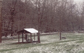 Picnic tables in the snow